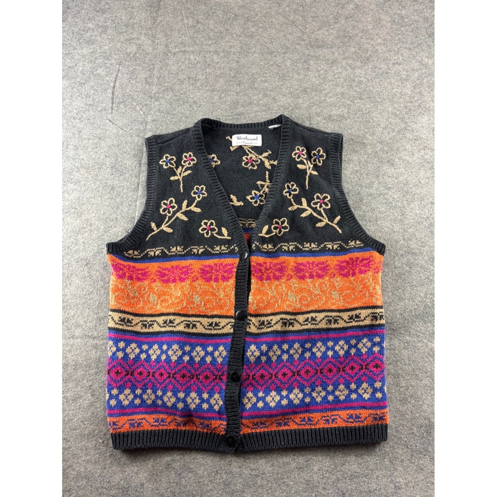 Westbound Casual Vintage Floral Embroidered Fair Isle Knit Sweater Vest Black M?